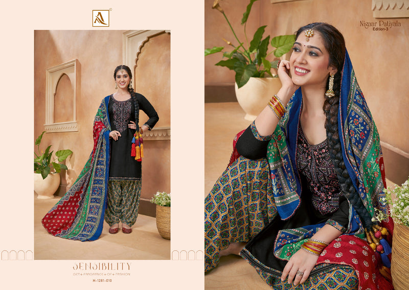 Alok Suits Nigaar Patiyala Vol 3 Rayon Slub Fancy Thered Embroidery Work Suits