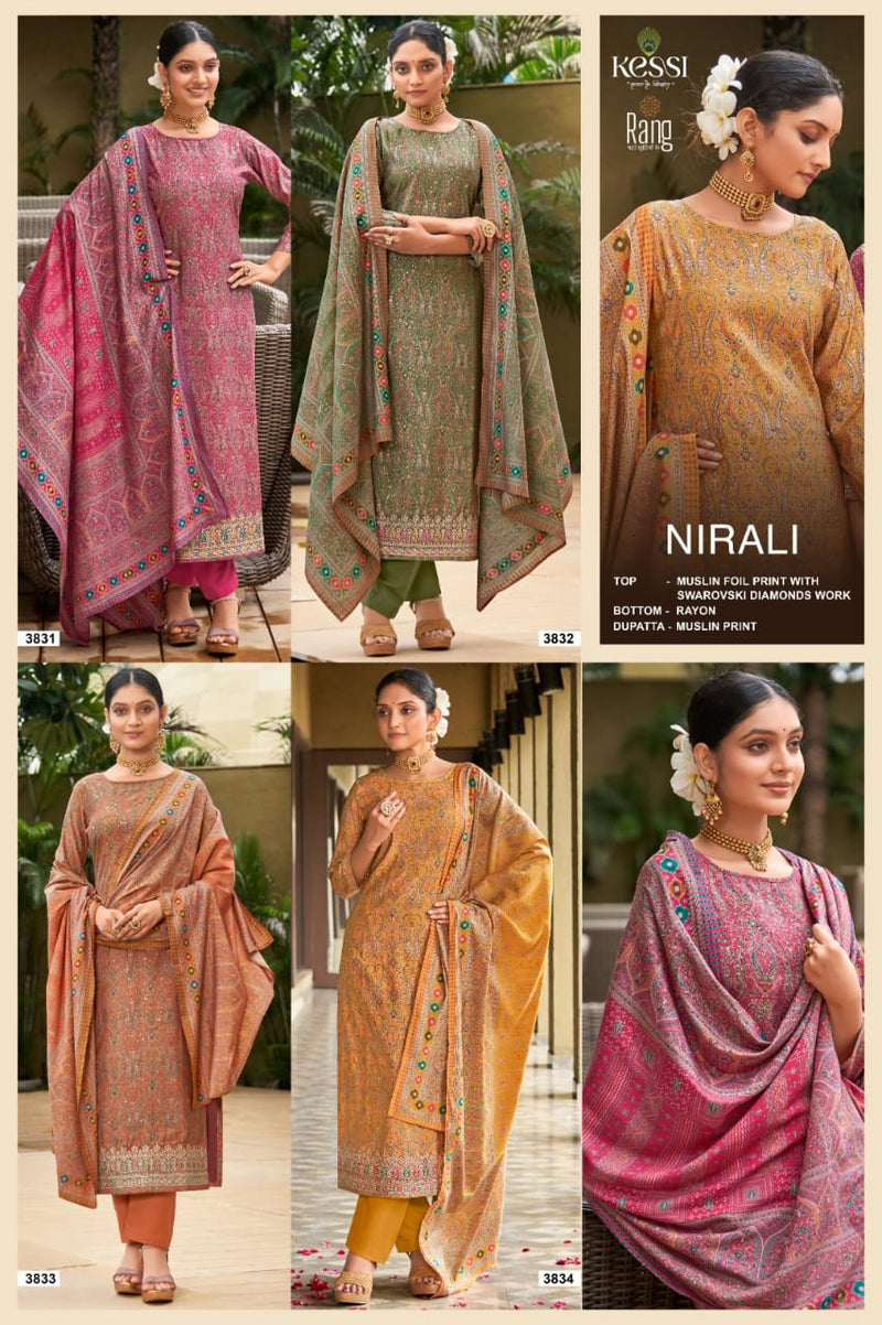 Rang Nirali Muslin Foil Print With Swarovski Diamond Work Unstitch Suits