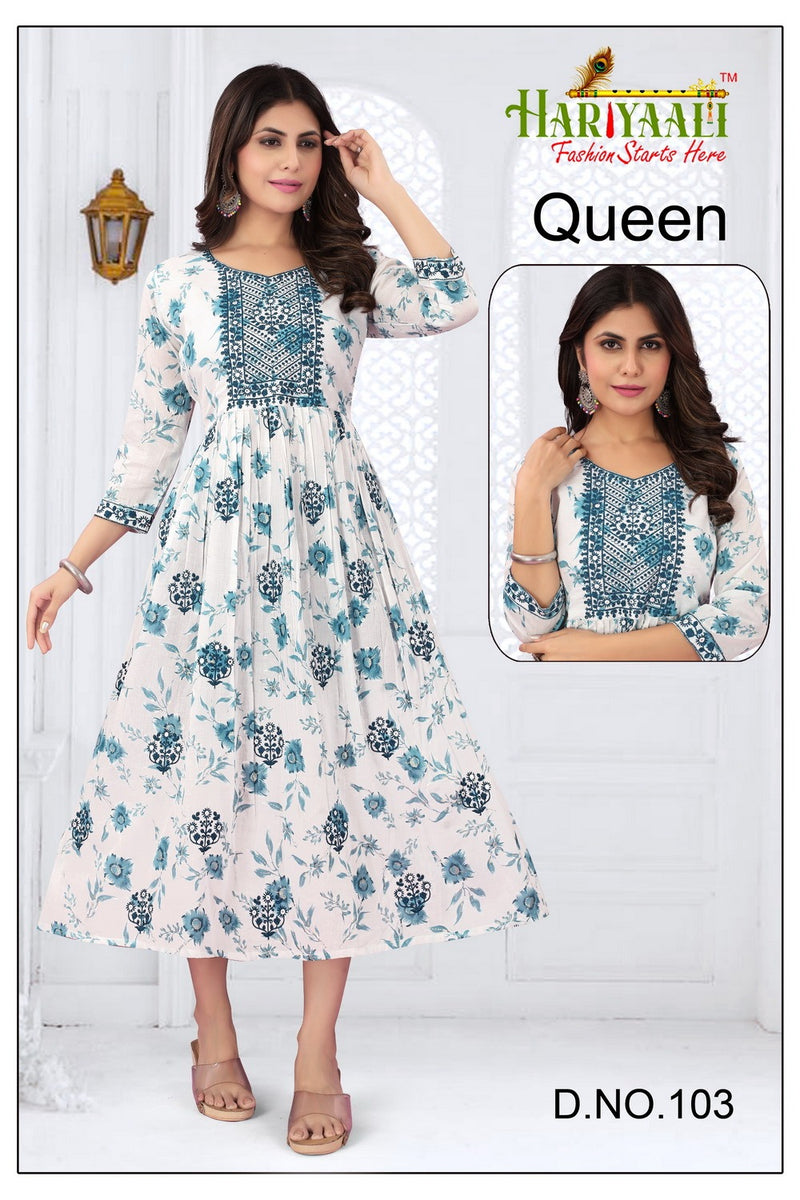 Hariyaali Queen Cotton Mal Foil Print With Fancy Neck Work Gown Kurtis