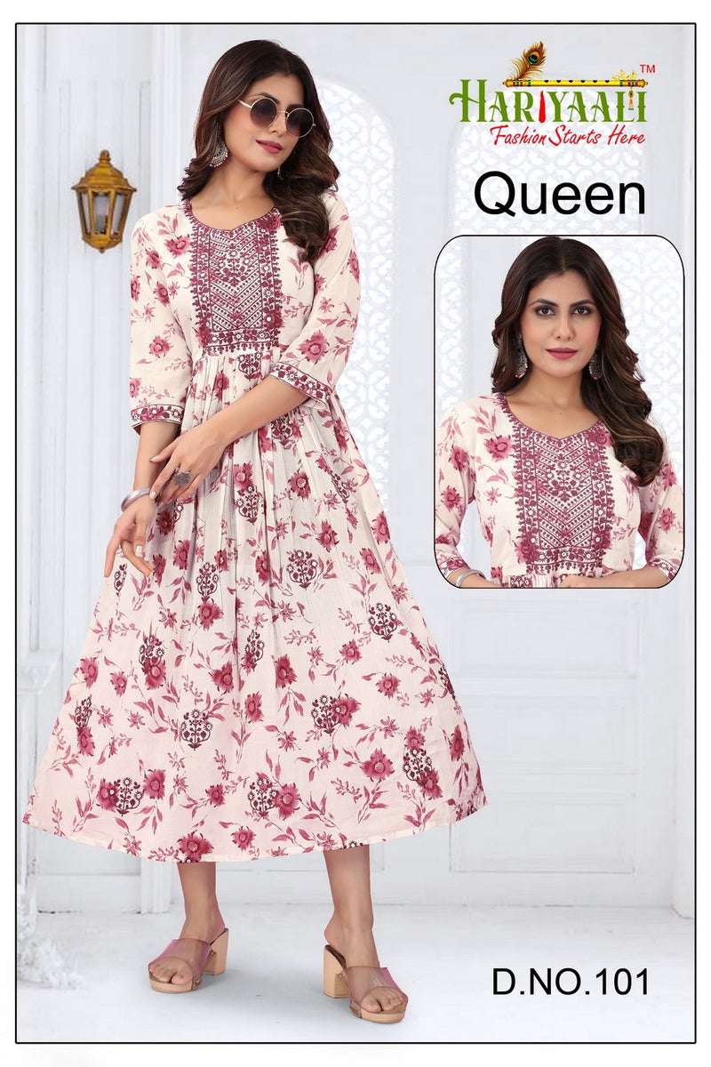 Hariyaali Queen Cotton Mal Foil Print With Fancy Neck Work Gown Kurtis