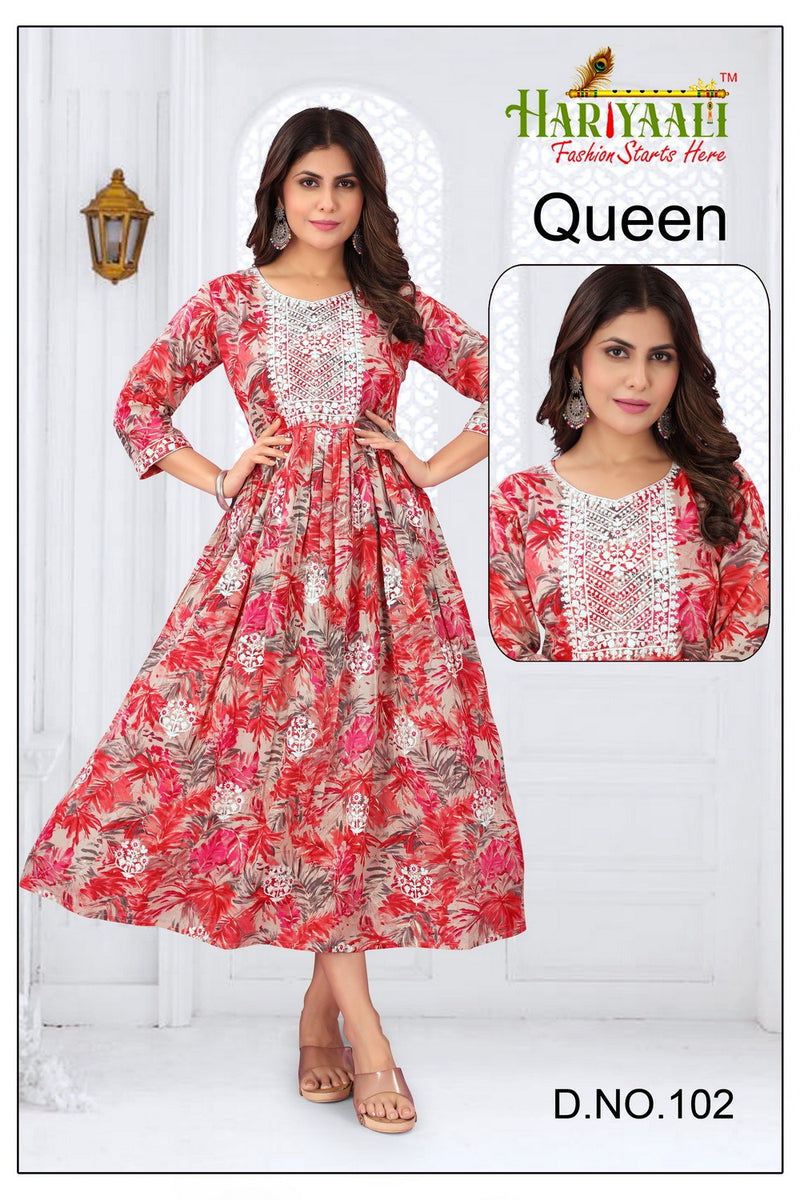 Hariyaali Queen Cotton Mal Foil Print With Fancy Neck Work Gown Kurtis