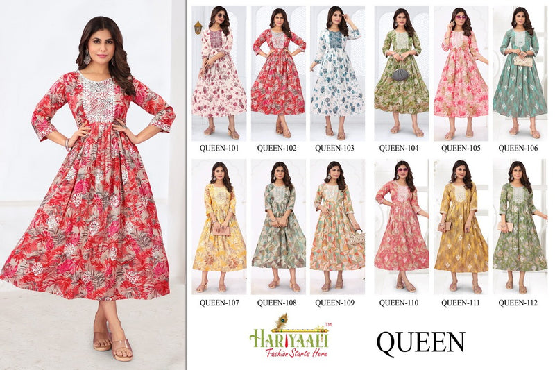 Hariyaali Queen Cotton Mal Foil Print With Fancy Neck Work Gown Kurtis