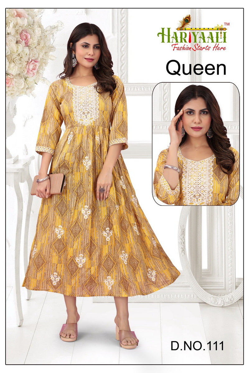 Hariyaali Queen Cotton Mal Foil Print With Fancy Neck Work Gown Kurtis