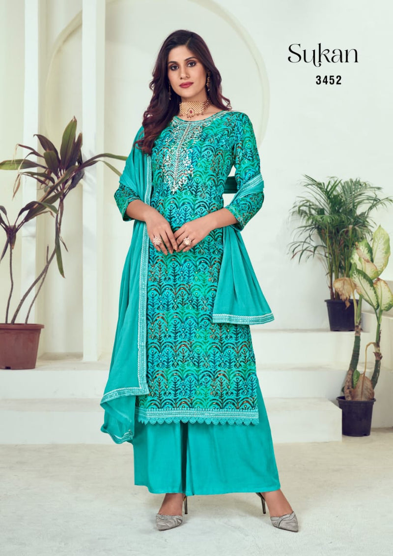 Rang Sukan Rayon Print Foil With Fancy Work Printed Designer Salwar Kameez