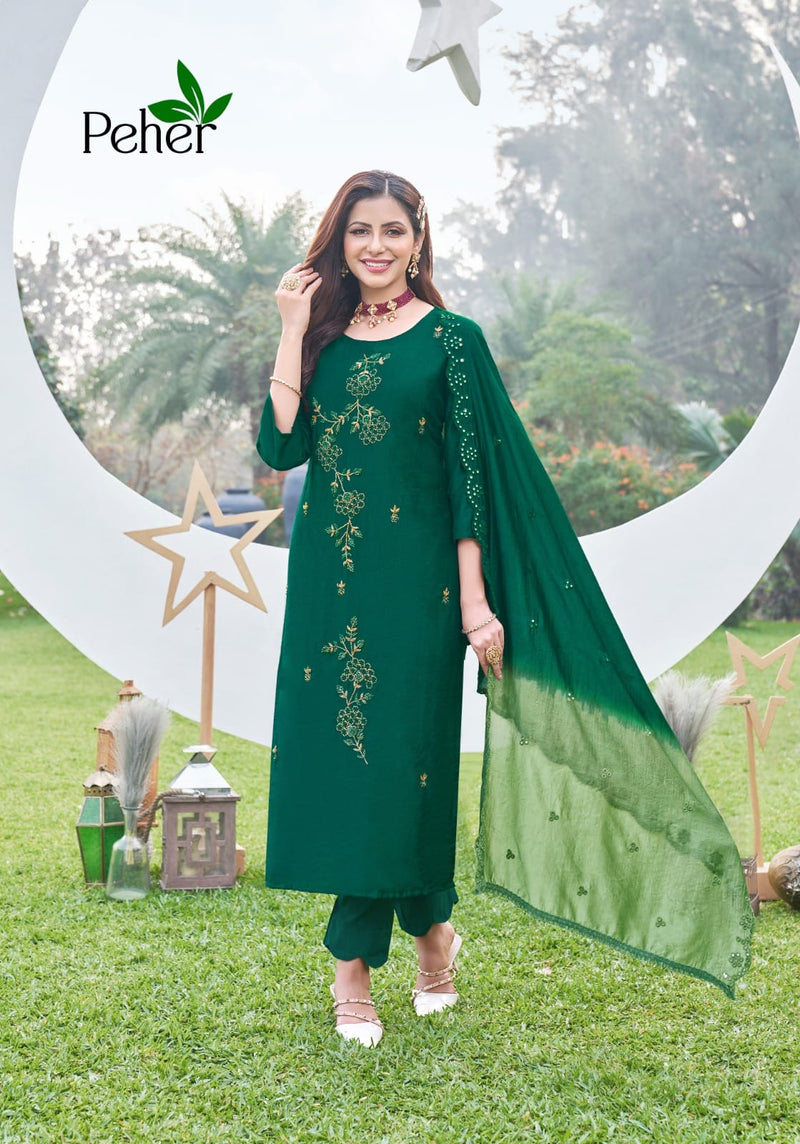 Peher Rivaaz Vol 4 Modal Silk With Fancy Designer Work Kurti Pant & Shaded Dupatta