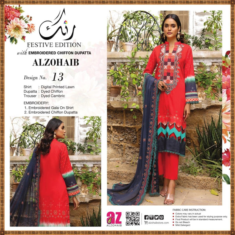 Al Zohaib Textiles Rung Lawn Cotton Heavy Embroidered Pakistanisuits