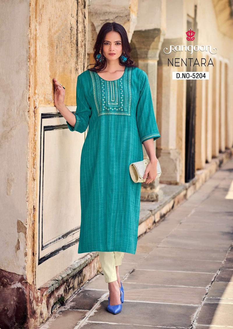 Rangoon Nentara Rayon With Embroidery Sequence Work Designer Daily Wear Kurti