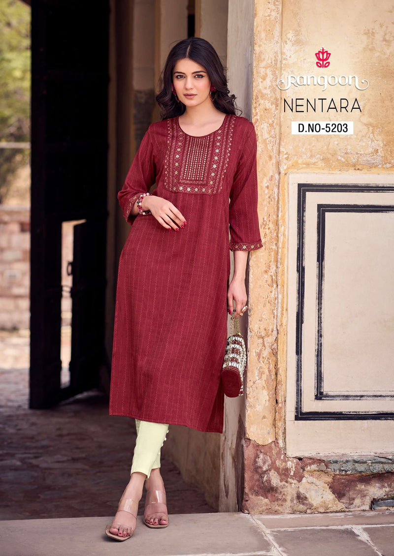 Rangoon Nentara Rayon With Embroidery Sequence Work Designer Daily Wear Kurti