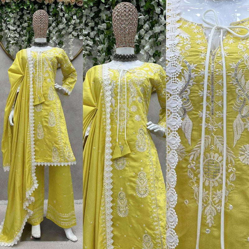 Rtc 5703 Yellow colour Maslin Silk  Thread With Sequence With Fancy Gpo Lace Broader Set of Kurti