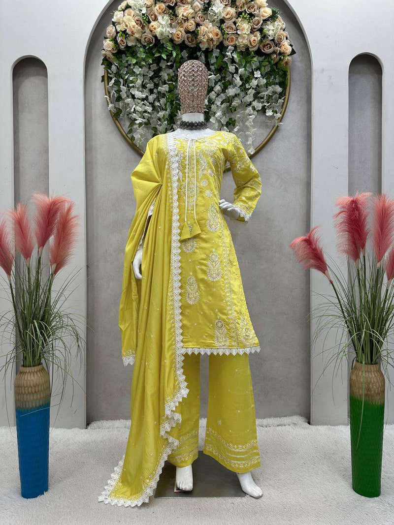 Rtc 5703 Yellow colour Maslin Silk  Thread With Sequence With Fancy Gpo Lace Broader Set of Kurti