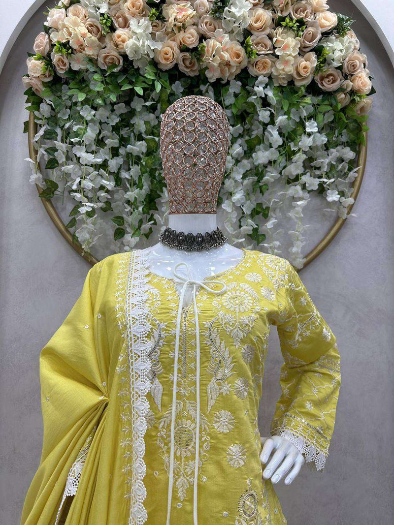 Rtc 5703 Yellow colour Maslin Silk  Thread With Sequence With Fancy Gpo Lace Broader Set of Kurti