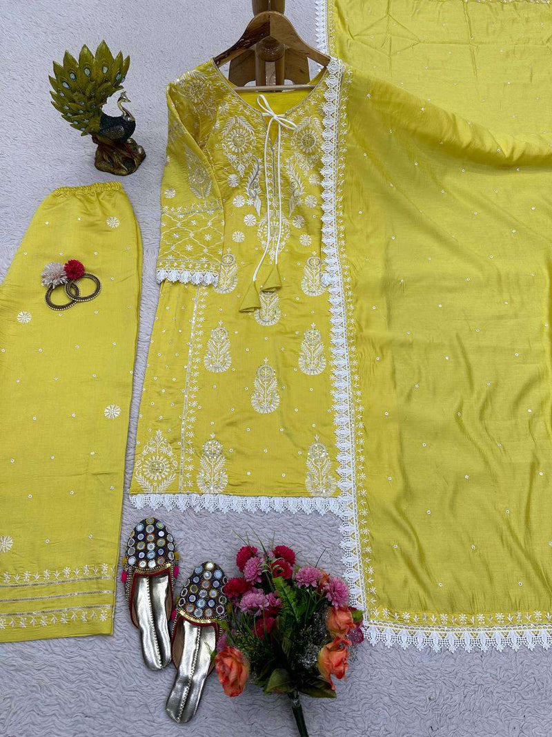 Rtc 5703 Yellow colour Maslin Silk  Thread With Sequence With Fancy Gpo Lace Broader Set of Kurti