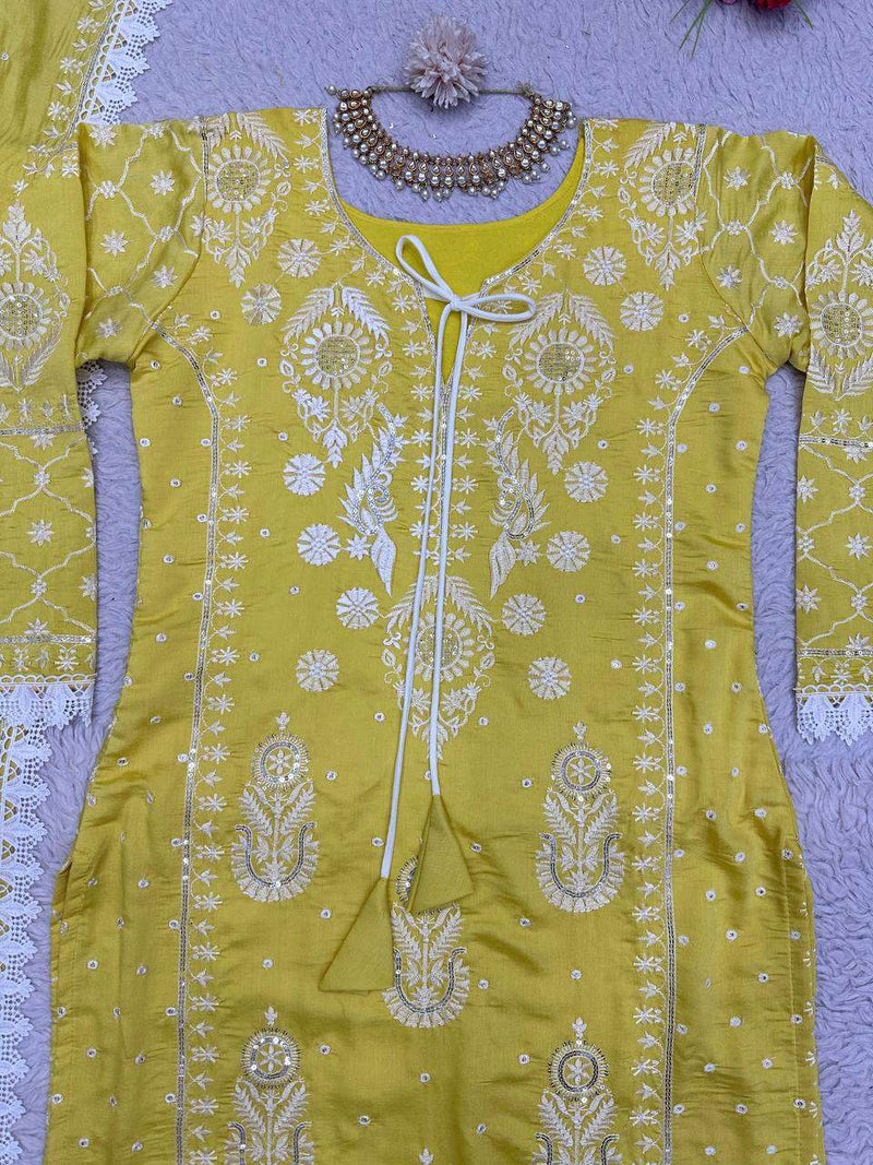 Rtc 5703 Yellow colour Maslin Silk  Thread With Sequence With Fancy Gpo Lace Broader Set of Kurti