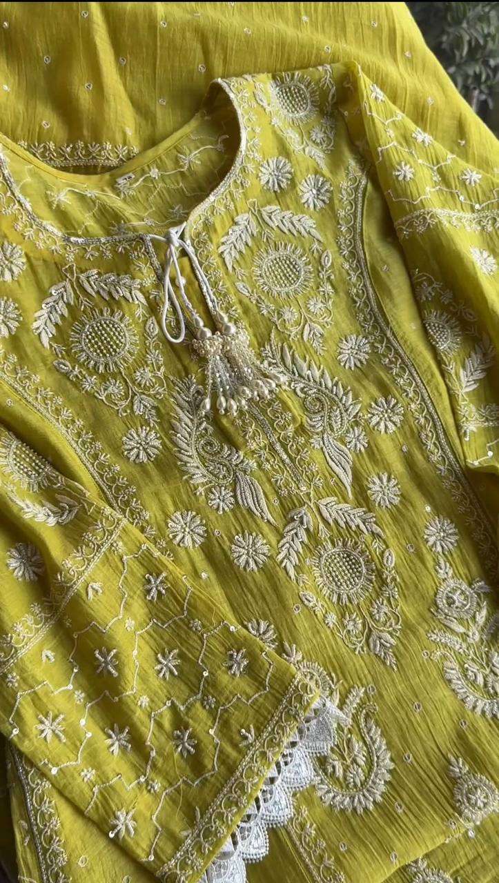 Rtc 5703 Yellow colour Maslin Silk  Thread With Sequence With Fancy Gpo Lace Broader Set of Kurti