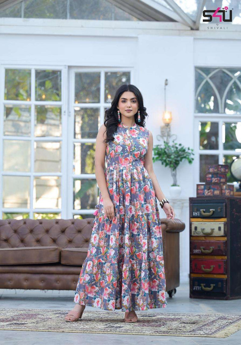 S4u Shivali Flairy Tales Cotton Fancy Print Cool Summer Wear Gown Designer Kurti