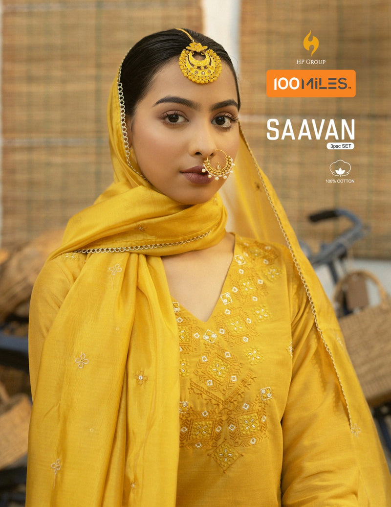 100 Miles Saavan Fancy Blend Fabric Pakistani Embroidery Style Kurti Pant & Dupatta Combo