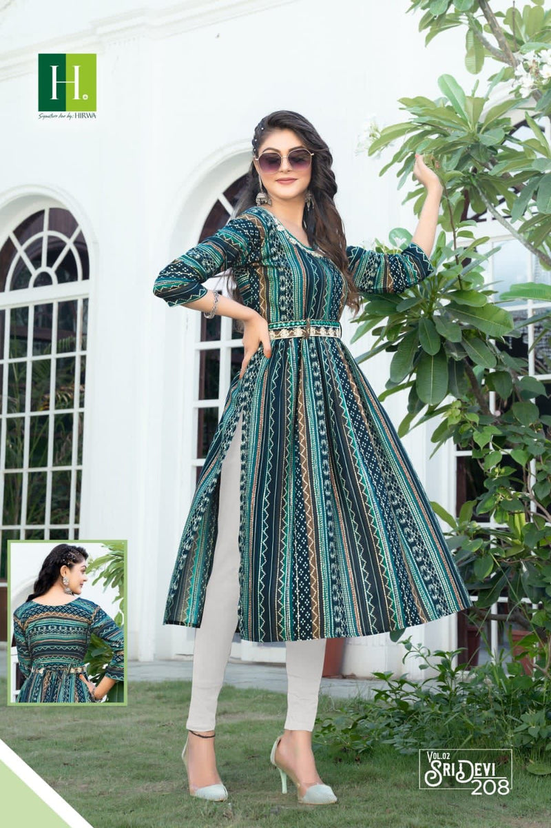 Hirwa Sridevi Vol 2 Rayon Foil Prints Fancy Naira Cut Style Kurtis Work Salwar Kameez