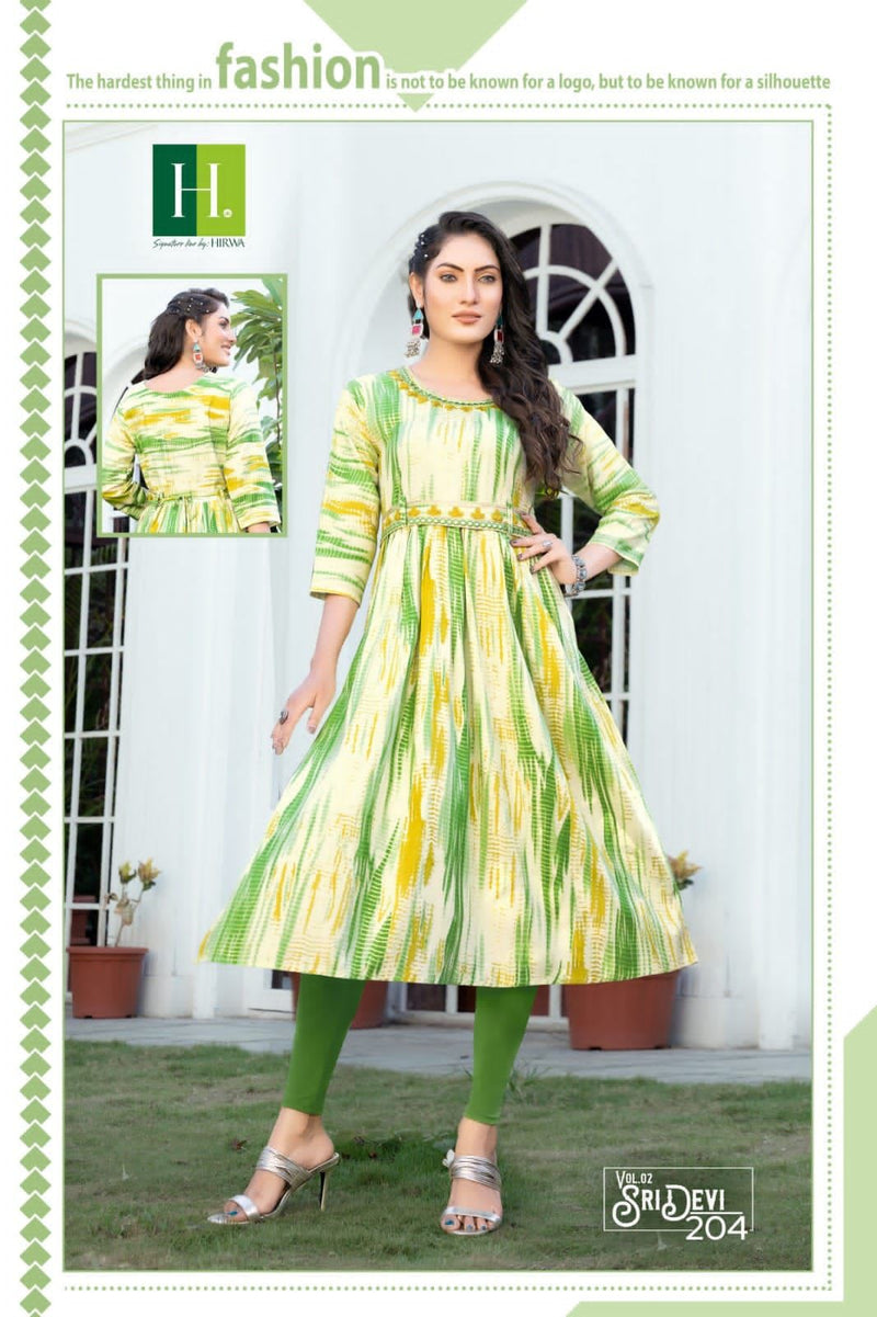 Hirwa Sridevi Vol 2 Rayon Foil Prints Fancy Naira Cut Style Kurtis Work Salwar Kameez