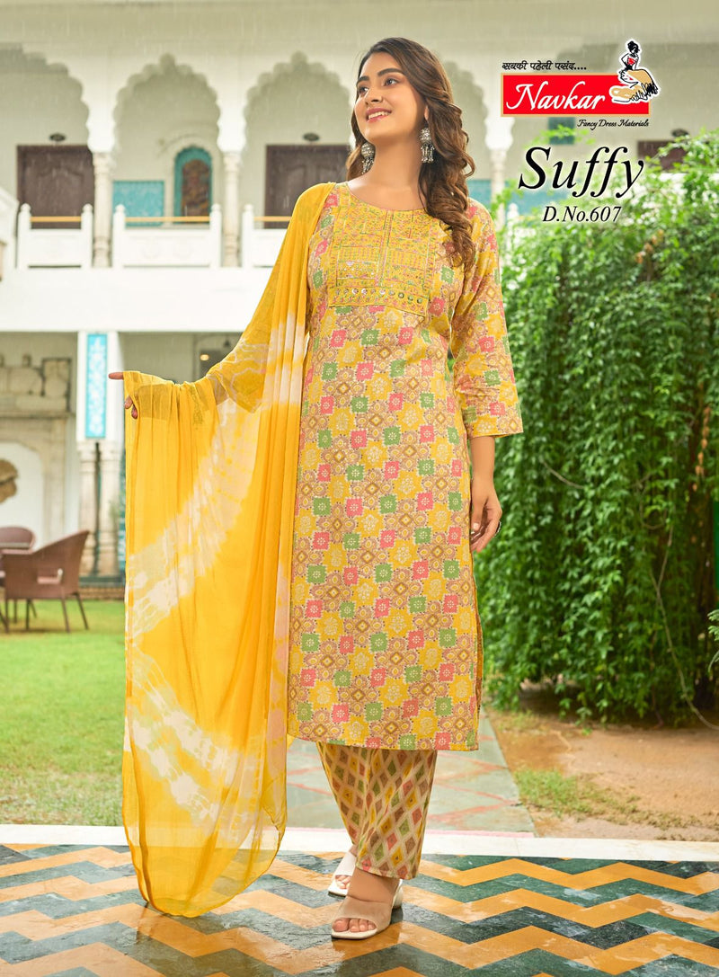 Navkar Suffy Vol 6 Rayon Foil Print With Embroidery Work Fancy Kurti Combo Set