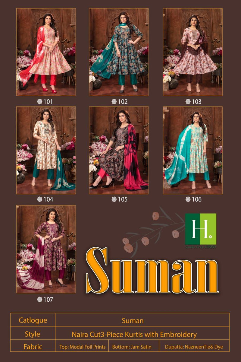 Hirwa Suman Modal Foil Print Fabric Fancy Naira Cut Pattern Kurti Combo Set