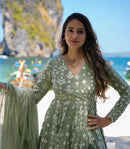 SYF Pista Xena Rayon Slub Anarkali Suit with Chanderi Dupatta