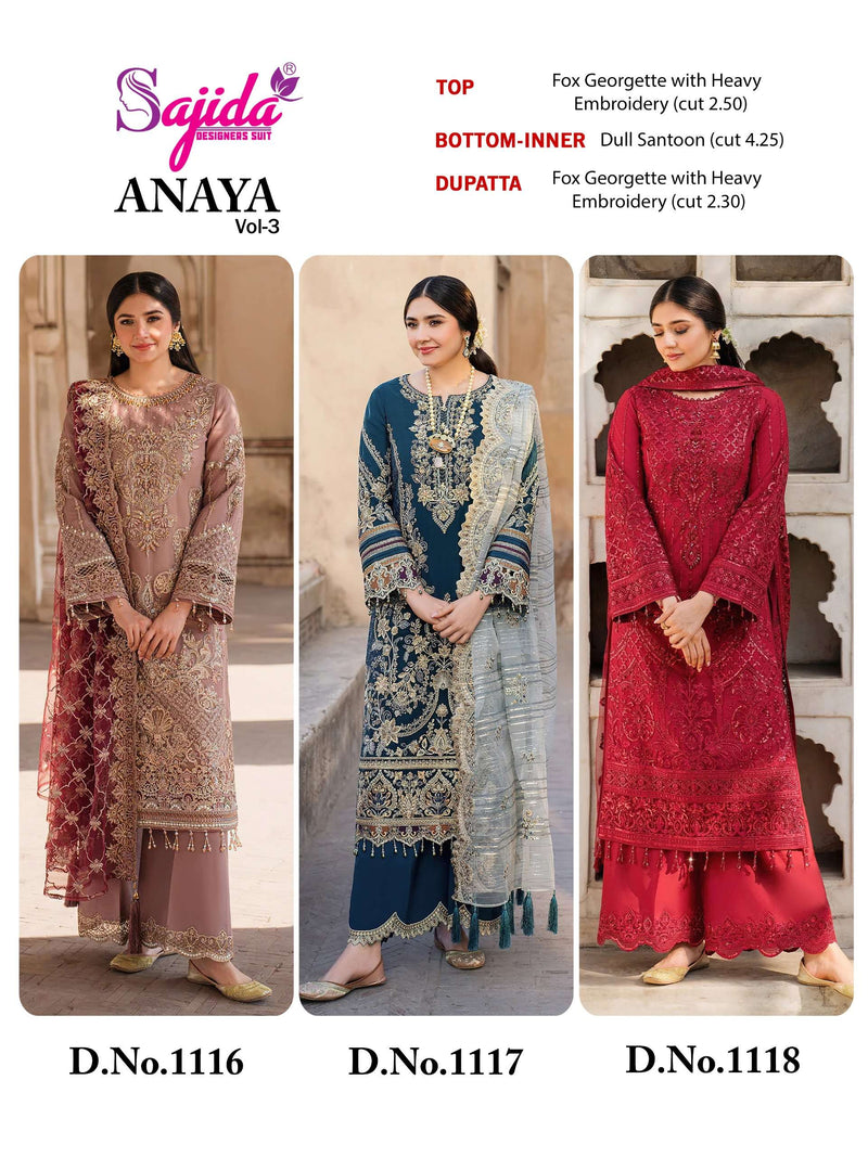 Sajida Designer Dno 1116-1117-1118 Pure Georgette Embroidered Pakistani Suit