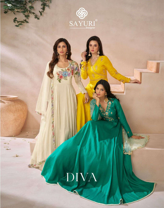 Sayuri Designer Diva Premium Silk Embroidered Fancy Wear Gown Kurti