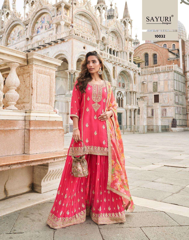 Sayuri Designer Taj Premium Simar Silk Jacqard Embroidered Sharara Suit