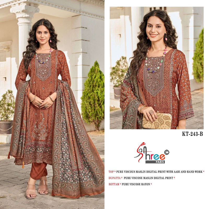 Shree Fabs Kt 243 Pure Viscose Maslin Embroidered Handwork Salwar Kameez