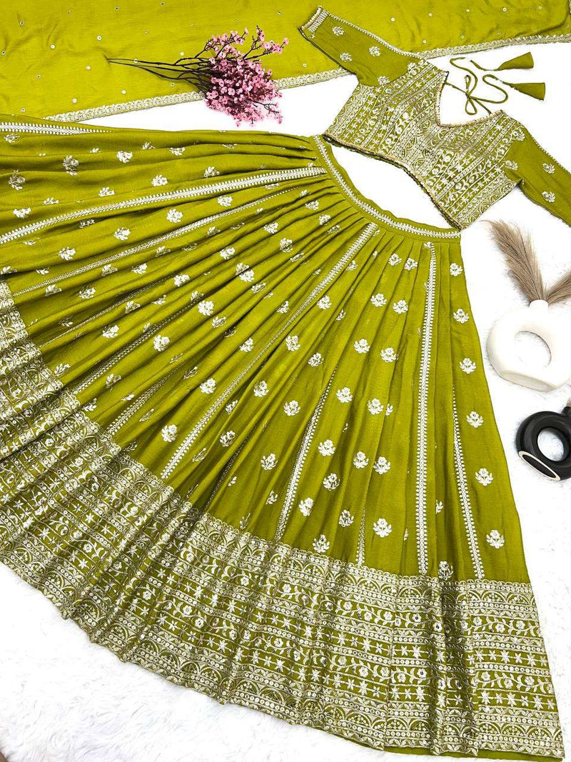 Ssr 465 Green Colour Heavy Chinon Silk With Embroidery Sequence Work With Sleeves Lehnga Choli