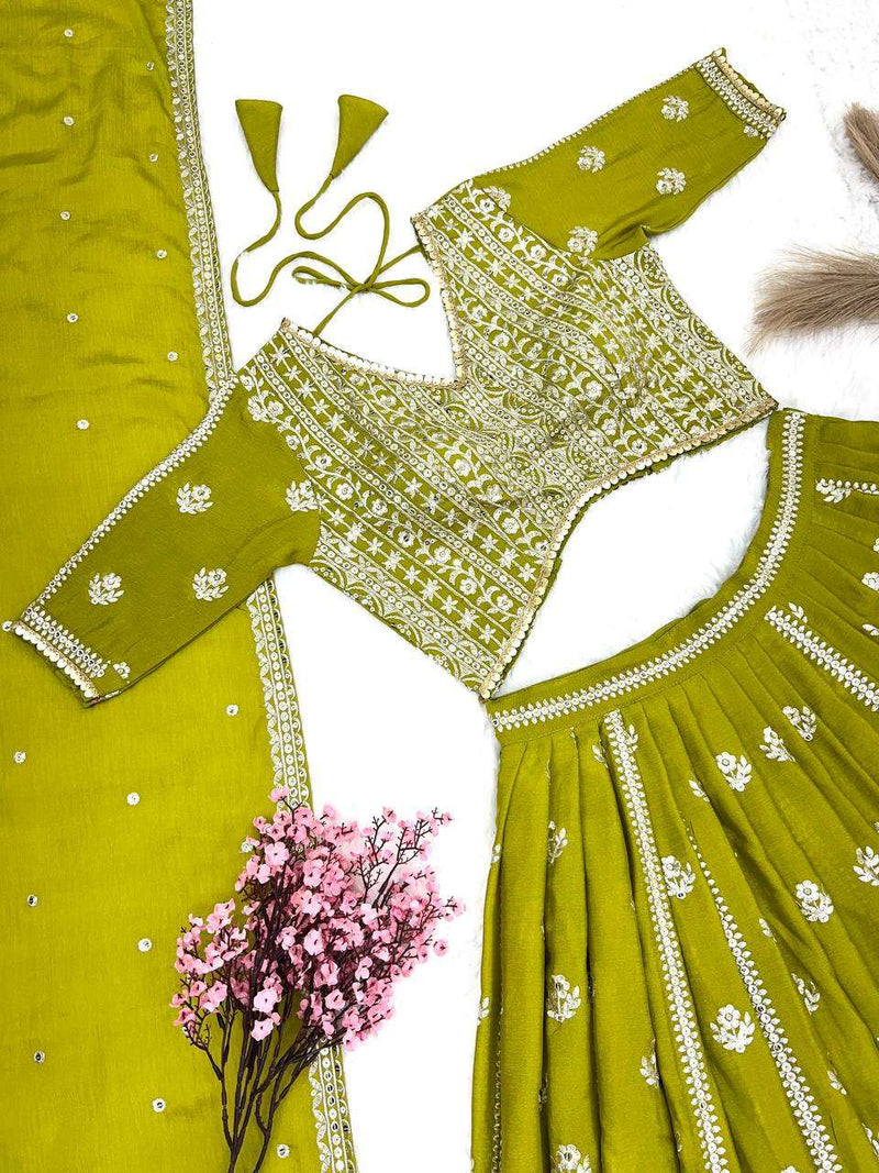 Ssr 465 Green Colour Heavy Chinon Silk With Embroidery Sequence Work With Sleeves Lehnga Choli