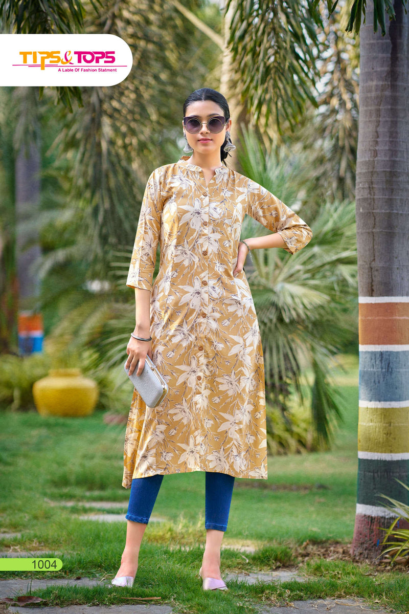 Tips And Tops Mimi Vol 2 Rayon Printed Fancy Straight Type Daily Wear Set Of Kurti