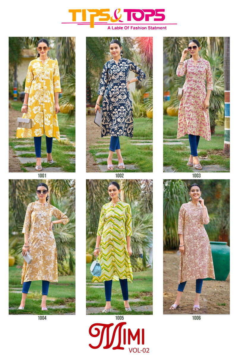 Tips And Tops Mimi Vol 2 Rayon Printed Fancy Straight Type Daily Wear Set Of Kurti