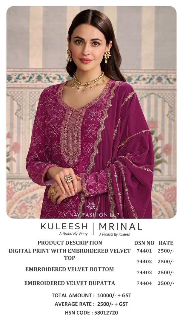 Vinay Fashion Kuleesh Mrinal Premium Velvet Embroidered Work Salwar Suit