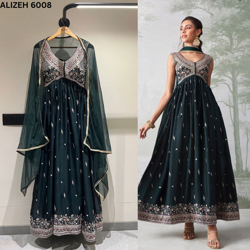 Alizeh 6008 Fancy Embroidered Long Gown Traditional Wear Collection