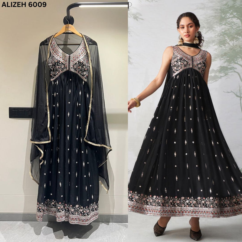 Alizeh 6009 Fancy Embroidered Long Gown Traditional Wear Collection