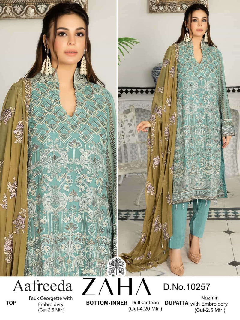 Zaha Aafreeda 10257 Georgette Embroidered Moti Work Pakistani Suit