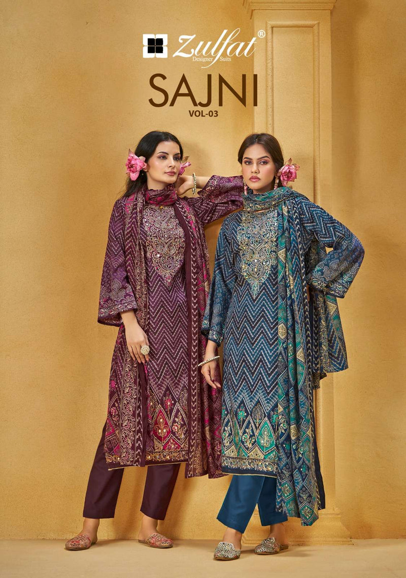 Zulfat Designer Sajni Vol 3 Pure Jam Cotton Exclusive Print With Handwork Salwar Suit