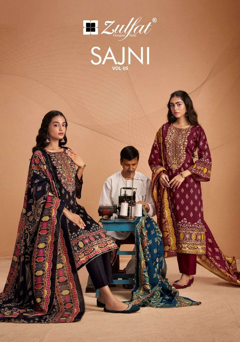 Zulfat Designer Suits Sajni Vol 5 Pure Jam Cotton Designer Print With Handwork Salwar Suit