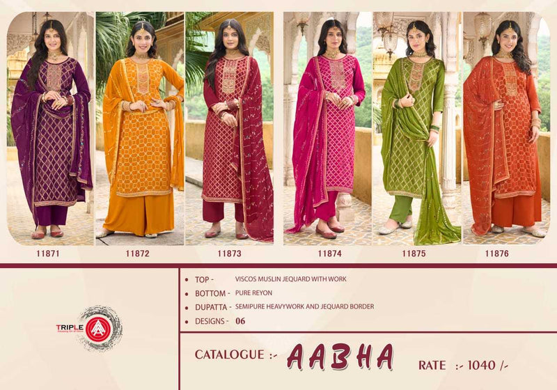 Triple A Aabha Viscos Muslin Jequard With Work Heavy Designer Unstitched Salwar Suit