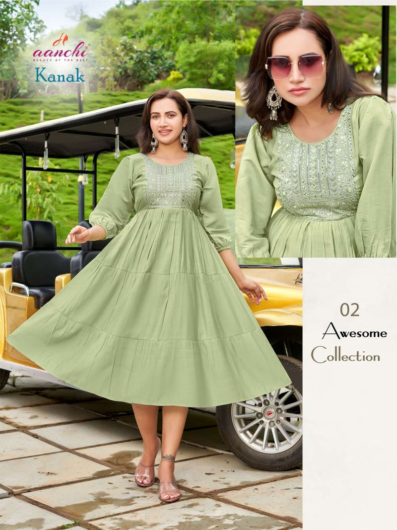 Aanchi Kurtis Kanak Silk Flair Neck Embroidery With Frill Fancy Casual Wear Kurti