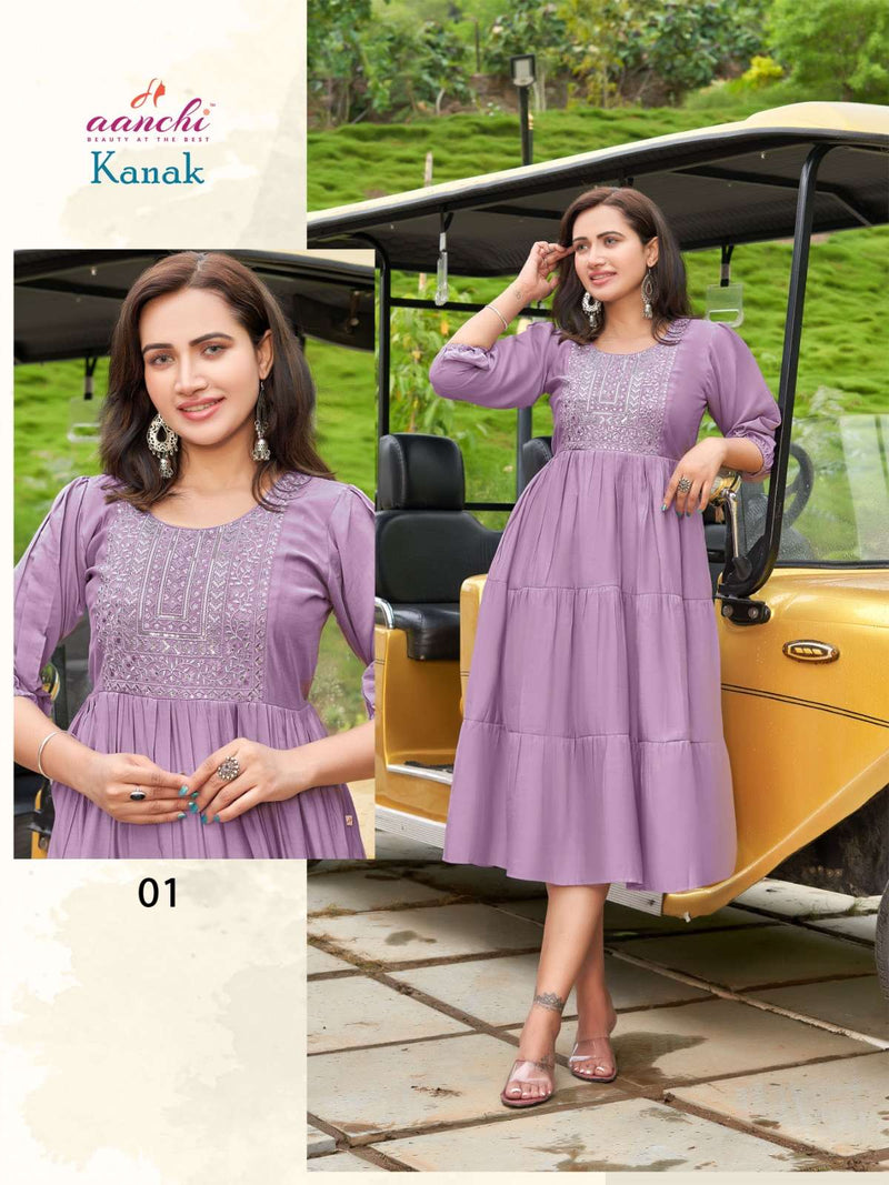 Aanchi Kurtis Kanak Silk Flair Neck Embroidery With Frill Fancy Casual Wear Kurti