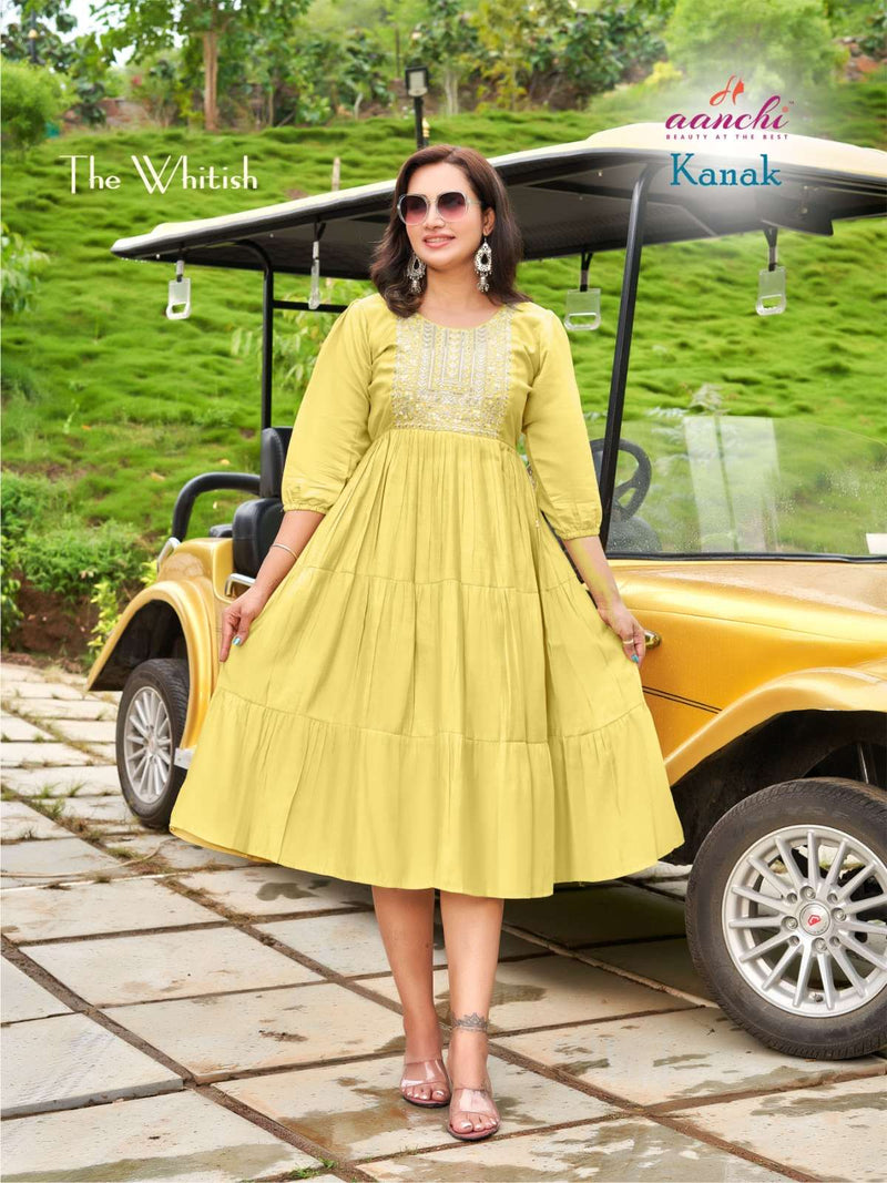 Aanchi Kurtis Kanak Silk Flair Neck Embroidery With Frill Fancy Casual Wear Kurti