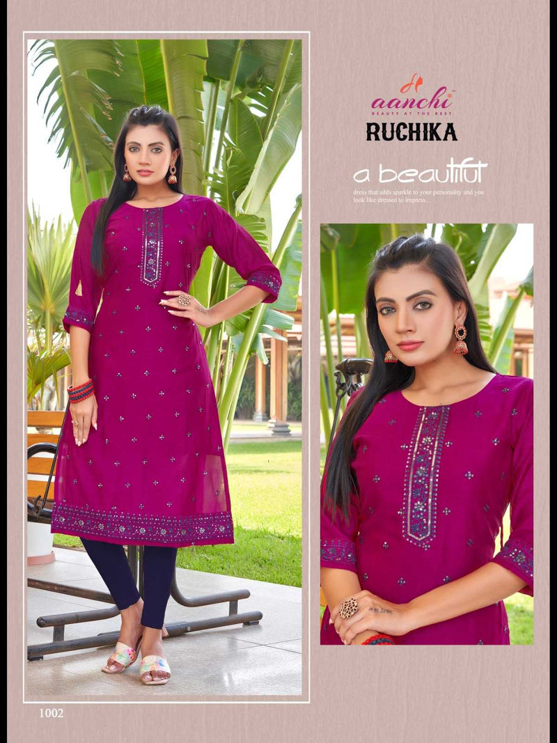 Aanchi Ruchika Vichitra Straight Cut Fancy Embroidery Work Casual Wear Kurti