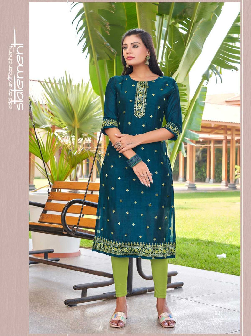 Aanchi Ruchika Vichitra Straight Cut Fancy Embroidery Work Casual Wear Kurti