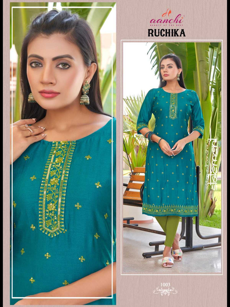 Aanchi Ruchika Vichitra Straight Cut Fancy Embroidery Work Casual Wear Kurti