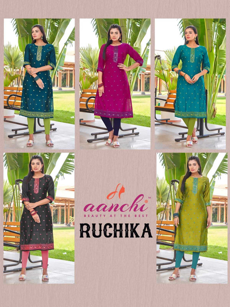 Aanchi Ruchika Vichitra Straight Cut Fancy Embroidery Work Casual Wear Kurti