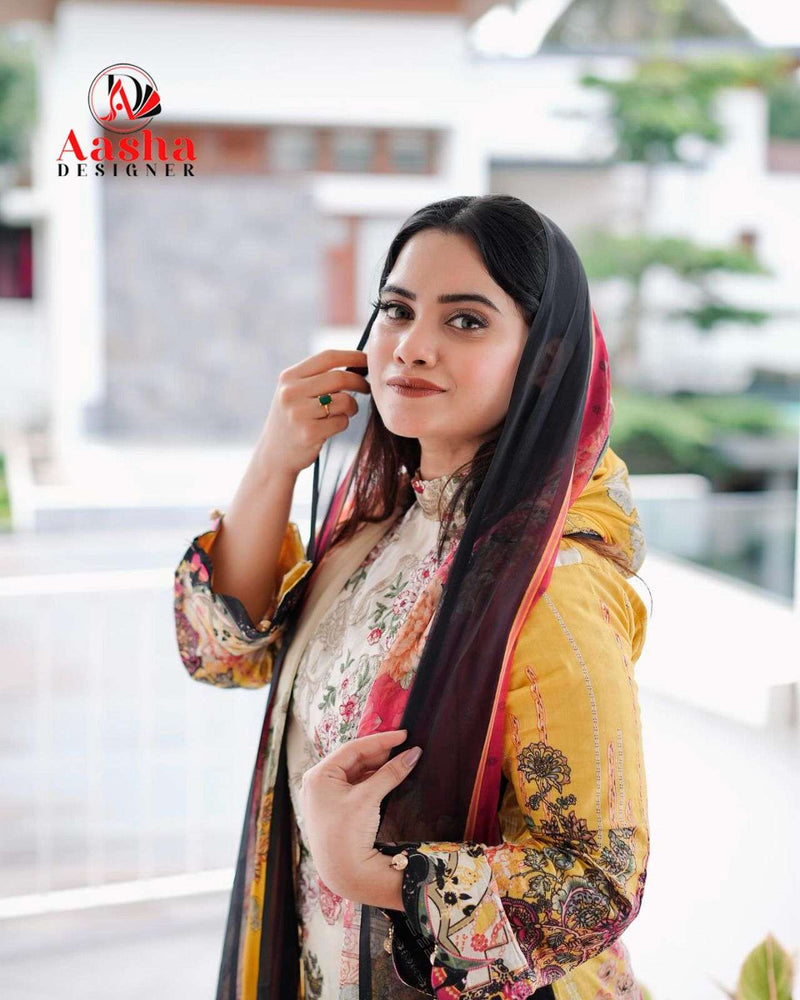 Aasha Designer 1080 – Pure Cotton Printed with Exclusive Patch Embroidery Suit