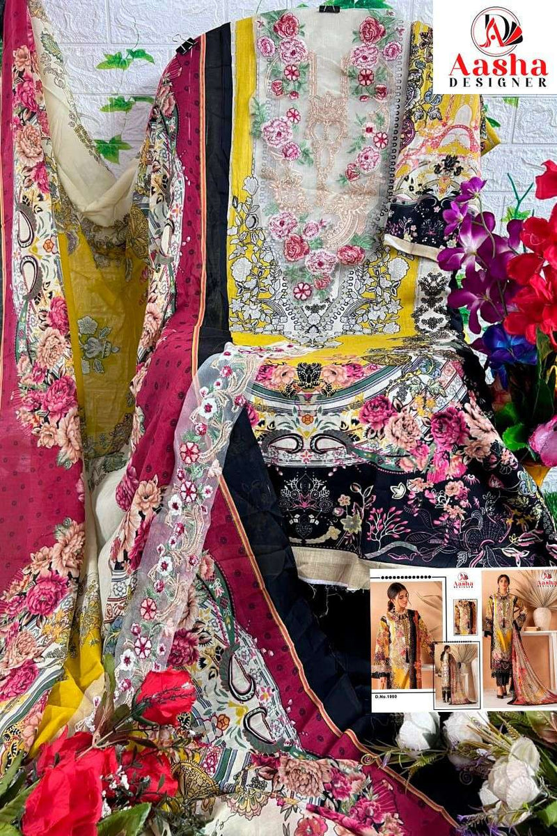 Aasha Designer 1080 – Pure Cotton Printed with Exclusive Patch Embroidery Suit