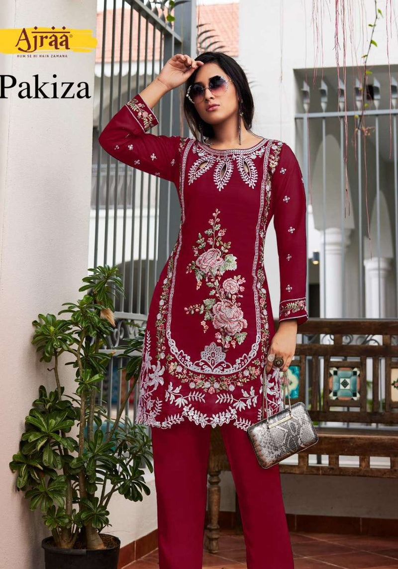 Ajraa Pakiza Viscous Embroidery Work Pakistani Casual Wear Kurti With Pant / Palzzo Set